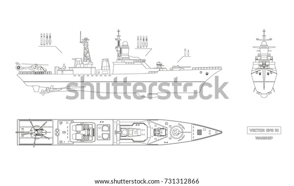 軍艦の設計図 上面 正面 側面図 戦闘艦モデル 工業図面 略式の軍艦 ベクターイラスト のベクター画像素材 ロイヤリティフリー