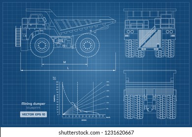 Blueprint of mining dumper. Side, back and front view. Outline heavy truck image. Industrial drawing of cargo car. Diesel  automobile blueprint. Vector isolated illustration
