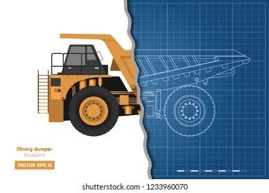 Blueprint of mining dumper. Side, back and front view. Outline heavy truck image. Industrial drawing of cargo car. Diesel  automobile blueprint. Vector isolated illustration
