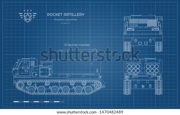 Blueprint of missile vehicle. Rocket\
artillery. Side, front and back view. Drawing of military tractor\
with jet weapon. Camouflage tank. Vector\
illustration