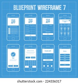 Blueprint Mobile App Wireframe Ui Kit 7. Welcome screen, sign in screen, sign up screen, profile screen, tutorial screen, verify account screen, your app screen, register screen, share.