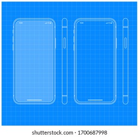 Blueprint Mobile Phone Outline Vector Template Mockup On Blue Background For Designing The Mobile App UI Grid System Similar To IPhone Samsung Google Huawei Smartphone