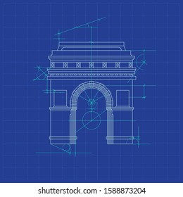 blueprint, monument, architect drawing, ancient arch, sketch of the construction of antique arch structure 