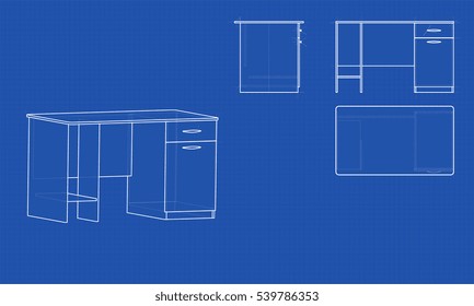 Blueprint office table. Blue background with grid. Vector illustration