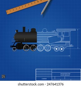 Blueprint old steam locomotive, sectional drawing, vector illustration eps 10