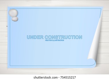 Blueprint paper background for architectural drawing on wooden texture background. Vector illustration.