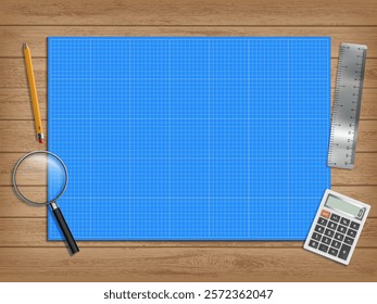 Blueprint paper with drawing tools. Cutting mat template on wooden table. Vector mockup