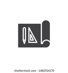 Blueprint with pen and ruler vector icon. filled flat sign for mobile concept and web design. Architect tool glyph icon. Symbol, logo illustration. Vector graphics
