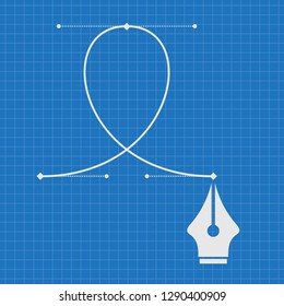 Blueprint of Pen tool cursor and curve control points. Vector illustration