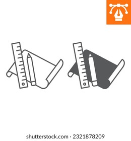Blueprint with pencil and ruller line and solid icon, outline style icon for web site or mobile app, construction and building, house plan vector icon, simple vector illustration, vector graphics.