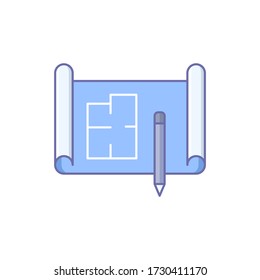 Blueprint and pencil vector icon symbol plan isolated on white background