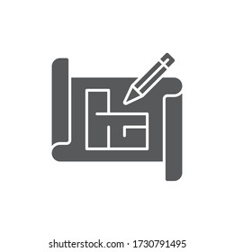 Blueprint and pencil vector icon symbol plan isolated on white background