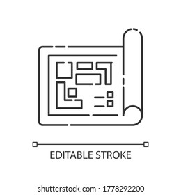 Icono lineal perfecto del píxel azul. Plano de planta de arquitecto. Estructura del proyecto de construcción. Ilustración personalizable de línea delgada. Símbolo de contorno. Dibujo de contorno aislado del vector. Trazo editable