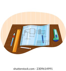 Blueprint plan document on desk flat vector