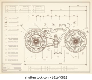 Blueprint plan outline draft motorbike motorcycle. Drawing of the jotting sketch of the vehicle and the industrial skeleton of the bike  and dimensions