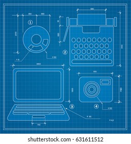 Blueprint plan outline draft personal computer set. Drawing  layout of industrial and household items for creativity, writing and design