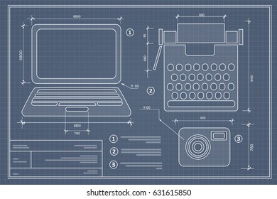 Blueprint plan outline draft personal computer set. Drawing  layout of industrial and household items for creativity, writing and design