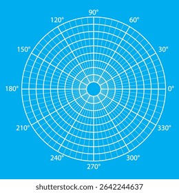 Blueprint polar coordinate grid divided into sectors of 5 and 30 degrees and several circles. Concentric mesh with different angles. Radar scheme. Vector illustration.