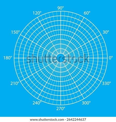 Blueprint polar coordinate grid divided into sectors of 5 and 30 degrees and several circles. Concentric mesh with different angles. Radar scheme. Vector illustration.