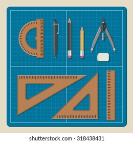 Blueprint with professional drawing equipment in flat style. Architectural desktop.