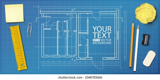 Blueprint project workspace work desk mockup, realistic  design, in vector format