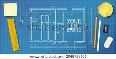 Blueprint project workspace work desk mockup, realistic  design, in vector format