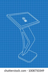 Blueprint of Promotional Interactive Information Kiosk, Advertising Display, Terminal Stand, Touch Screen Display. Mock Up Template.