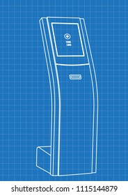 Blueprint of Promotional Interactive Information Kiosk, Advertising Display, Terminal Stand, Touch Screen Display. Mock Up Template.