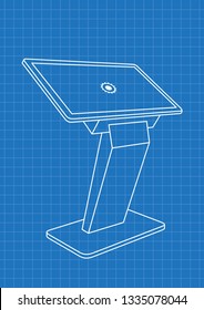 Blueprint of Promotional Interactive Information Kiosk, Advertising Display, Terminal Stand, Touch Screen Display. Mock Up Template.