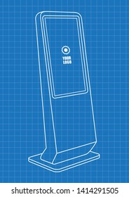 Blueprint of Promotional Interactive Information Kiosk, Advertising Display, Terminal Stand, Touch Screen Display. Mock Up Template.