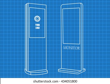 Blueprint of Promotional Interactive Information Kiosk Terminal Stand Touch Screen Display. Mock Up Template.