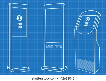 Blueprint of Promotional Interactive Information Kiosk Terminal Stand Touch Screen Display. Mock Up Template.