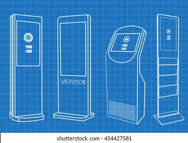 Blueprint of  Promotional Interactive Information Kiosk, Advertising Display, Terminal Stand, Touch Screen Display. Mock Up Template.