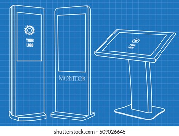 Blueprint of Promotional Interactive Information Kiosk, Advertising Display, Terminal Stand, Touch Screen Display. Mock Up Template.