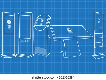 Blueprint of Promotional Interactive Information Kiosk, Advertising Display, Terminal Stand, Touch Screen Display. Mock Up Template.