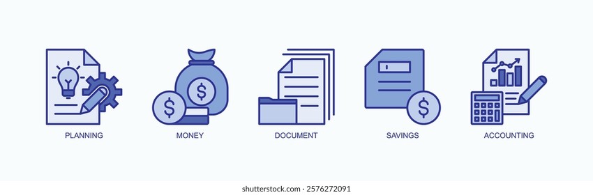 Blueprint To Prosperity Icon Set Isolated Vector With Icon Of Planning, Money, Document, Savings, Accounting In Blue Style