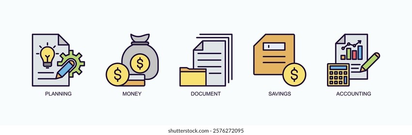 Blueprint To Prosperity Icon Set Isolated Vector With Icon Of Planning, Money, Document, Savings, Accounting In Outline Color Style