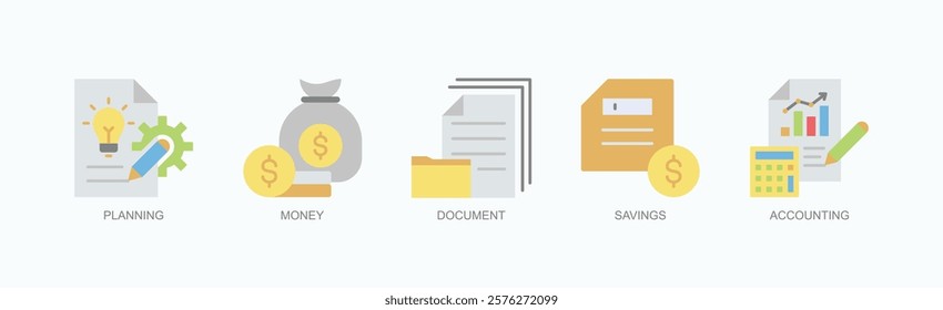 Blueprint To Prosperity Icon Set Isolated Vector With Icon Of Planning, Money, Document, Savings, Accounting In Flat Style