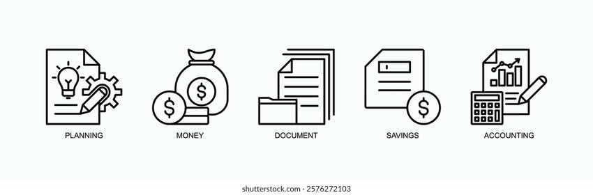 Blueprint To Prosperity Icon Set Isolated Vector With Icon Of Planning, Money, Document, Savings, Accounting In Outline Style