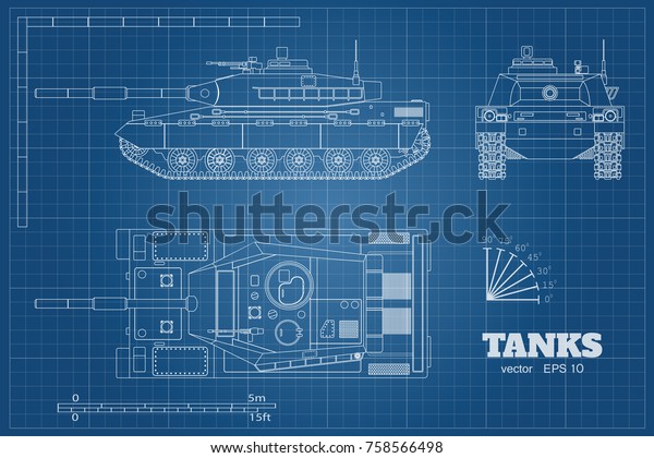 Blueprint of realistic tank. Top, front and\
side view. Detailed armored car. Industrial drawing. War vehicle in\
outline style. Vector\
illustration