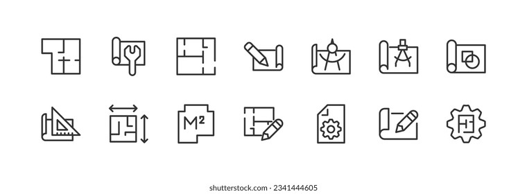 blueprint related icon set. Editable stroke. Pixel Perfect 24x24px icons