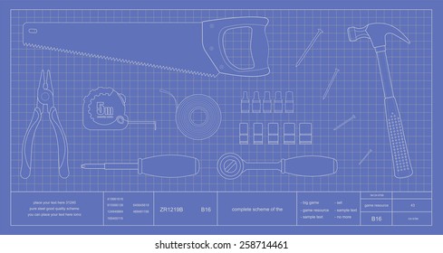 Blueprint renovation instruments: pliers, measuring roulette, hand saw, screwdriver, insulating tape, wrench tool, hammer and nails. Vector clip art scheme illustration
