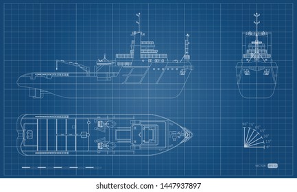 Blueprint of rescue ship. Top, side and front view. Industry outline image. Isolated drawing of boat. Vector illustration