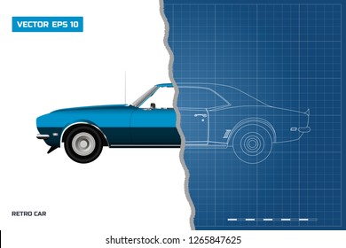 Blueprint of retro car. American vintage automobile of 1960s. Side view. Classic auto. Vector illustration