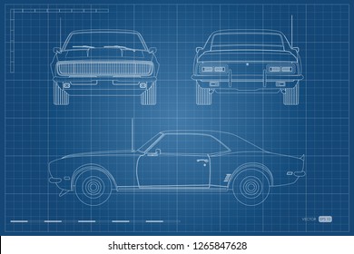 Blueprint of retro car. American vintage automobile of 1960s in outline style. Front, side and back view. Classic auto. Vector illustration