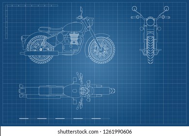 Blueprint of retro classic motorcycle in outline style. Side, top and front view. Industrial drawing of vintage motorbike. Vector illustration