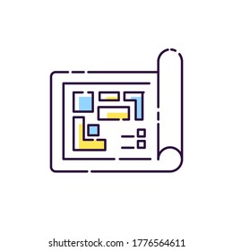 Blueprint RGB color icon. Architect floor plan. Construction project structure. Technical paper for building. Schematic draft and development presentation. Isolated vector illustration