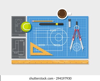 Blueprint with ruler, compass, cup of coffee and pencil top view concept flat illustration.
