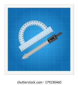 Blueprint and ruler instruments on a white background.