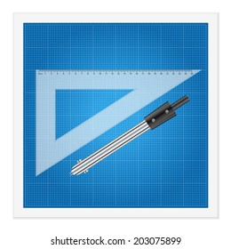 Blueprint and ruler instruments on a white background.